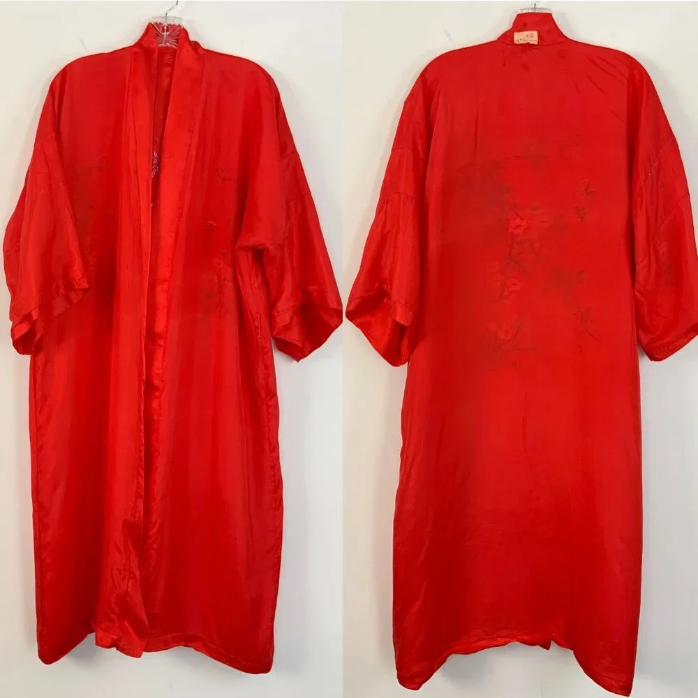 Vintage 50s - 60s Silk Layered Red Embroidered Kimono Robe Sz M - Picture 11 of 16